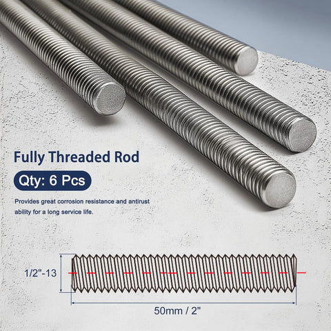 Tough As Nails 304 Stainless Steel Fully Threaded Rod And Studs Half Inch 13 Coarse Thread Two Inch Long Right Hand industrial fastener six pack.