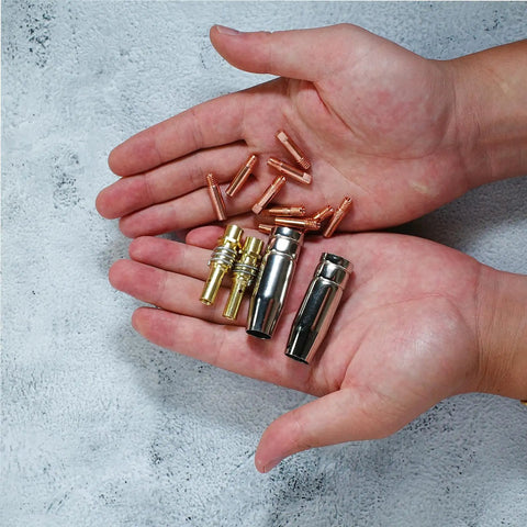 Top Tier 14-Piece MIG Welder Accessory Kit With Snap-On Gas Nozz Diffusers Plus Contact Tips In.024.030 And.040 Sizes displayed in hand.