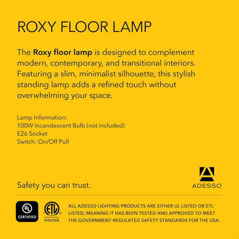 Roxy Tall Floor Lamp in Brushed Steel With White Opal Glass, 71 Inch Height, product information on yellow background