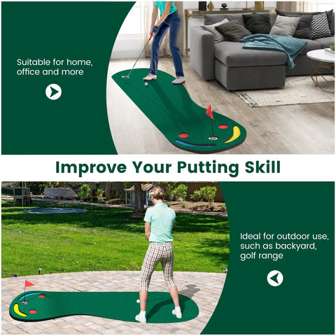 Par 3 Putting Green Mat 10 Foot By 3 Foot With 3 Cups Flag And Hole Covers for use indoors or outdoors in garage or backyard