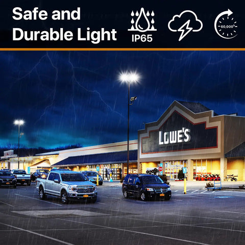 Ultra Bright 300W LED Parking Lot Light With 45000 Lumens 5000K Daylight IP65 lighting illuminating a store parking lot