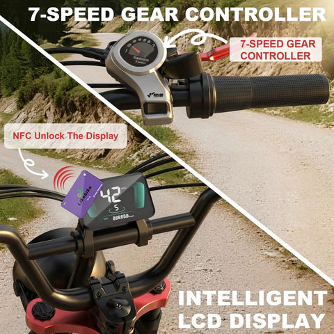 Premium Adult Electric Bike With A Badass 3000W Peak Brushless Hub Motor features 7-speed gear controller and LCD display.