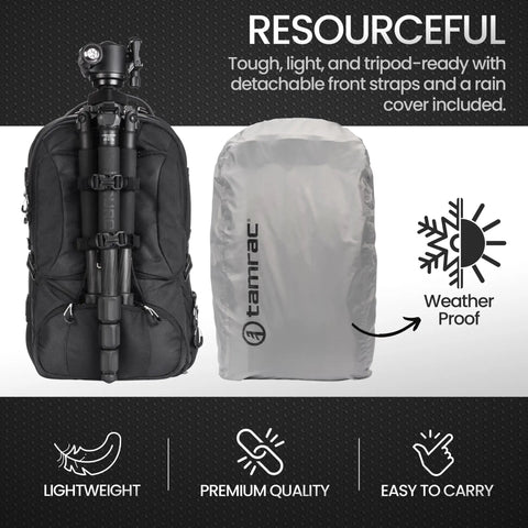 Anvil 27 Camera Backpack for Photographers with Laptop Compartment and Tripod Holder, weatherproof cover displayed, black.