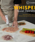 Person using Must Have Food Vacuum Sealer Machine With Digital Display And Visible Tank 8L Air Flow Handheld Portable Sealer for Fresh Food over sealed meat bag.