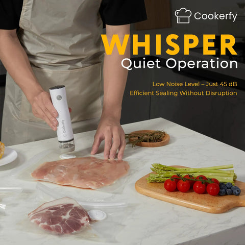 Person using Must Have Food Vacuum Sealer Machine With Digital Display And Visible Tank 8L Air Flow Handheld Portable Sealer for Fresh Food over sealed meat bag.