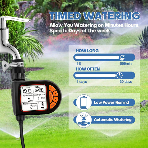 Outdoor Misting Cooling System Kit With Timer For Patio And Backyard showing digital timer on garden tap