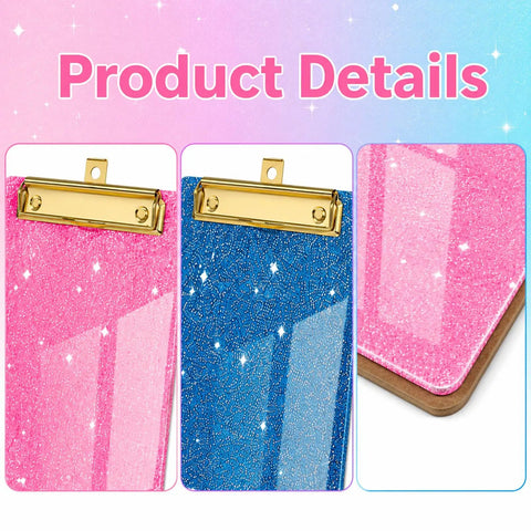 8 Piece Glitter Mini Clipboard Set With Gold Low Profile Clips, Slim Acrylic Clipboards In Assorted Colors, Pocket Memo Organizer For Nurses, Office And Everyday Work Tasks. Pink and blue glitter mini clipboards with gold clips.