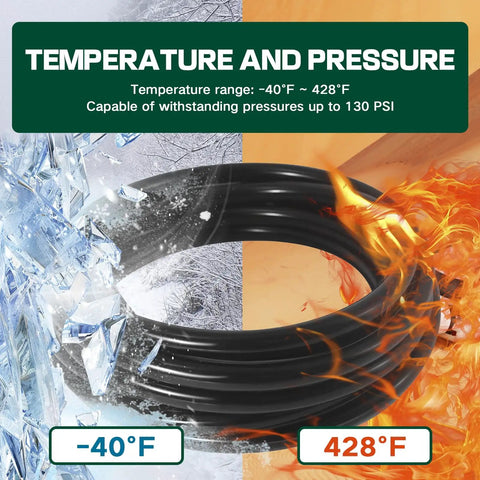 Garage-Ready Car Vacuum Hose Kit Set With 6 Five-Foot Hoses And 113 Connectors shown against temperature extremes and pressure info