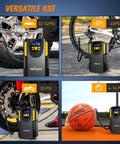 Digital Tire Inflator Portable Air Compressor Pump Tough Guy Workhorse in use with car, bike, motorcycle, and basketball max pressure display.