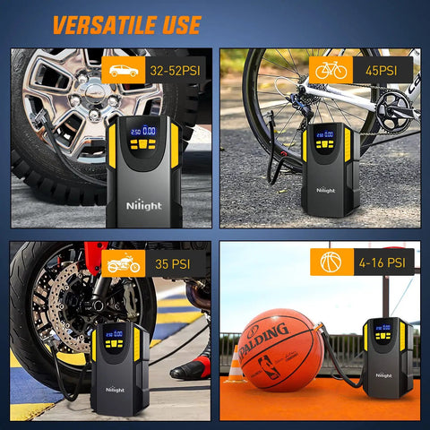 Digital Tire Inflator Portable Air Compressor Pump Tough Guy Workhorse in use with car, bike, motorcycle, and basketball max pressure display.