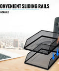 Twofer Pack Black Metal Letter Trays Set For Desk Organization, stackable wire mesh front load file holder in office desk setting.