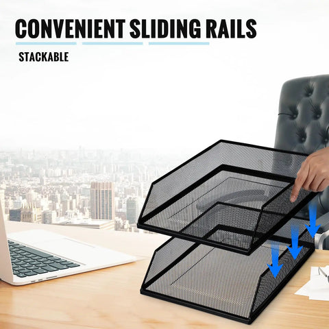 Twofer Pack Black Metal Letter Trays Set For Desk Organization, stackable wire mesh front load file holder in office desk setting.