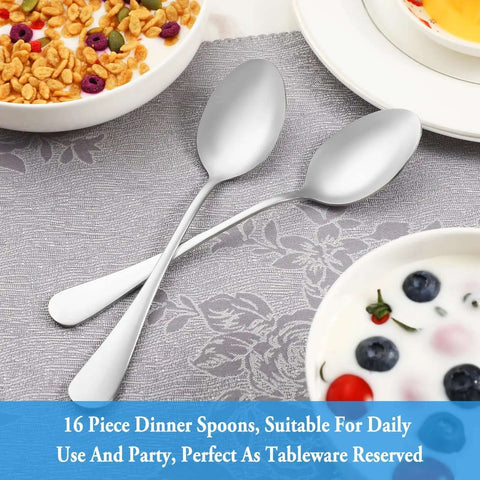 Big Value 16 Piece Dinner Spoon Set 7.3 Inch Tablespoons Premium Food Grade Stainless Steel Spoons on a table with cereals and fruits