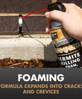 Using 16 oz Powerful Termite Killing Foam for indoor and outdoor use, expanding into wall crack to kill termites and carpenter bees.
