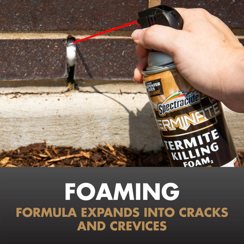 Using 16 oz Powerful Termite Killing Foam for indoor and outdoor use, expanding into wall crack to kill termites and carpenter bees.