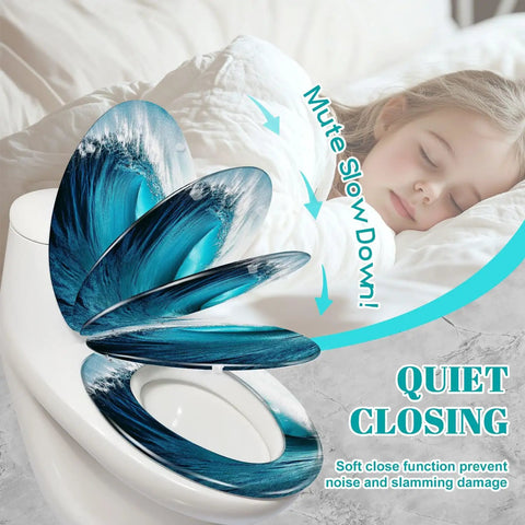 Generic Elongated Resin Toilet Seat for Bathroom with a wave design, showcasing quiet closing feature on a white toilet.