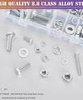 All In One Heavy Duty M6 M8 M10 Nuts Bolts Set With Washers Nine Most Common Sizes 188 Piece Hex Machine Screws Zinc Alloy Steel Grade Eight Eight Bulk Hardware Kit For Home Garage And Do It Yourself Projects displayed on a white surface with box.