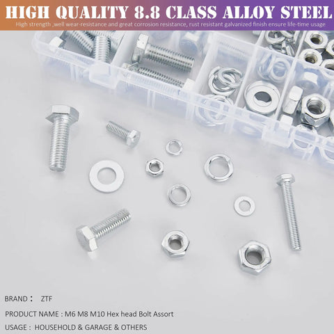 All In One Heavy Duty M6 M8 M10 Nuts Bolts Set With Washers Nine Most Common Sizes 188 Piece Hex Machine Screws Zinc Alloy Steel Grade Eight Eight Bulk Hardware Kit For Home Garage And Do It Yourself Projects displayed on a white surface with box.