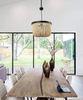 Dining room with One Light Wood Beaded Chandelier Mini Rustic Farmhouse Boho Pendant Lighting, grey blue beads, above table