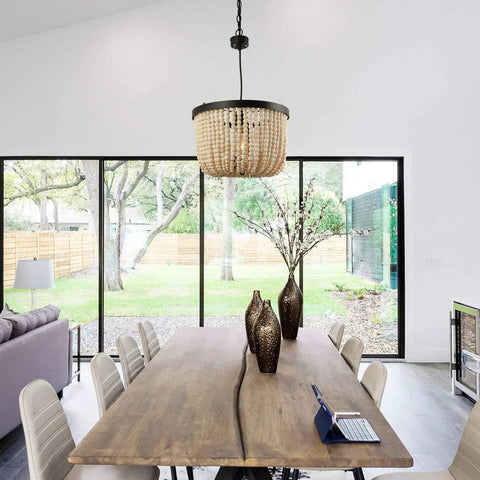 Dining room with One Light Wood Beaded Chandelier Mini Rustic Farmhouse Boho Pendant Lighting, grey blue beads, above table