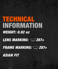 Technical information of Tracker II Tactical Safety Glasses With Smoke Polycarbonate Lens Ultra Wrap Fit