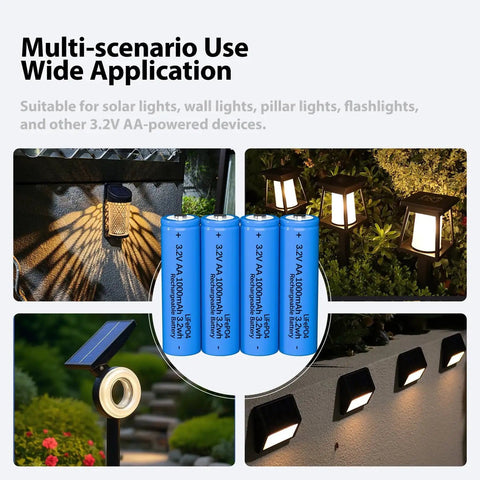 LiFePO4 AA 3.2V Solar Battery Rechargeable Double A For Outdoor Solar Lights Garden Lanterns And Post Lights 4 Pack