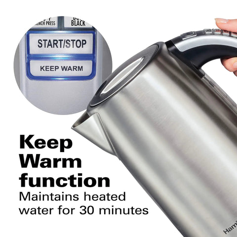 1.7 Liter Temperature Control Electric Kettle With 6 Presets, 1500W Fast Boil, keep warm function button, cordless stainless steel design