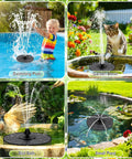 Solar Fountain Pump For Bird Bath And Garden Pond With 7 Nozzles And 3 Adjustable Spray Heights shown in diverse outdoor settings