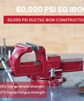 5 Inch Bench Vise With Anvil And Swivel Base For Home Shop Use Heavy Duty Jaw Throat Depth 2 11 16 Inches Jaw Opening 5 Inches 60000 PSI Ductile Iron Construction Reliable Clamp On Any DIY Project Great For Hobbyists And Makers red vise on workbench