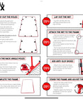 Assembly instructions for Adjustable 7x5 Volleyball Practice Rebounder Net with step-by-step setup guide