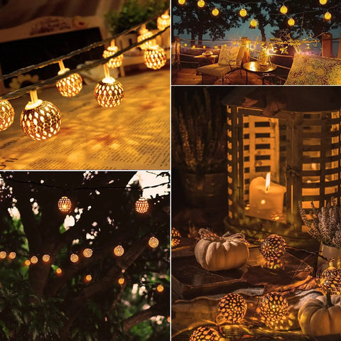 Outdoor setting with Solar Powered Globe String Lights, 60 LED, 36 Ft, warm white glow illuminating garden and patio.