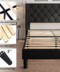 Queen Size Platform Bed Frame With Button Tufted Wingback Headboard, Black Upholstered Bedroom Staple, solid wood slats and sturdy frame detail.