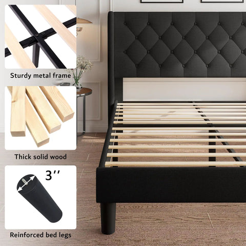 Queen Size Platform Bed Frame With Button Tufted Wingback Headboard, Black Upholstered Bedroom Staple, solid wood slats and sturdy frame detail.