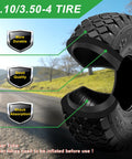 Rugged 4.10/3.50-4 Tire with inner tube and bent valve stem, showing durability, quality, and shock absorption features.