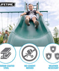 Child sliding down the nine-foot wavy slide of an Outdoor Monkey Bar Adventure Swing Set with powder-coated steel.