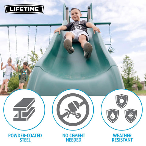 Child sliding down the nine-foot wavy slide of an Outdoor Monkey Bar Adventure Swing Set with powder-coated steel.