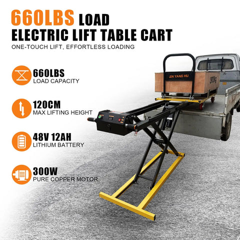Heavy Duty 660 Lbs Electric Hydraulic Lift Table Cart With Portable Folding Scissor Design For Easy Warehouse Loading And Transporting Goods Onto Trucks Or Delivery Vans One Touch Control with cargo lifted.