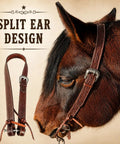 Premium Hand Tooled Leather Western Horse Headstall Split Ear Belt Design With Quick Bit Ties For Trail Cruises And Rodeo Sessions That Ride Slick As Can Be showcasing split ear design on brown leather headstall