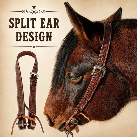 Premium Hand Tooled Leather Western Horse Headstall Split Ear Belt Design With Quick Bit Ties For Trail Cruises And Rodeo Sessions That Ride Slick As Can Be showcasing split ear design on brown leather headstall