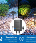 All-In-One LED Low Voltage Landscape Lighting Kit with 6 Path Lights and 2 Spotlights, 60W Photocell Transformer showing dusk-to-dawn.