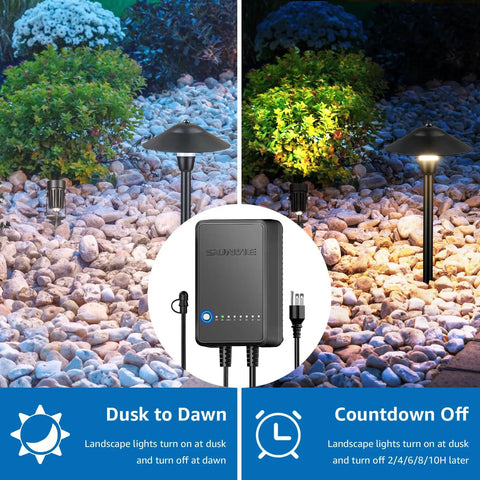 All-In-One LED Low Voltage Landscape Lighting Kit with 6 Path Lights and 2 Spotlights, 60W Photocell Transformer showing dusk-to-dawn.