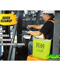 Person operating forklift with Universal 5 Gallon Oil Spill Kit With Absorbent Pads Socks Gloves And Disposal Bags in bright tote.