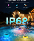 Floating Pool Lights With Connectable LED String Lights glowing in pool, IP68 waterproof, nighttime vibe around house and deck.