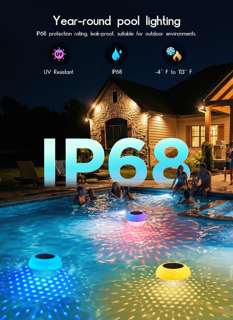 Floating Pool Lights With Connectable LED String Lights glowing in pool, IP68 waterproof, nighttime vibe around house and deck.