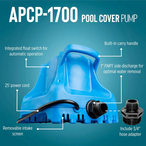 Automatic Submersible Pool Cover Pump 115V 1/3 HP With 1745 GPH, 25 Ft Cord, Light Blue Body with carry handle and hose adapter