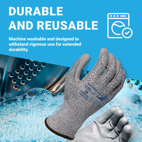 Hammer Head 3 Basetek Protective Work Gloves With HDPE A3 Basetek Liner, shown against water and machine symbols