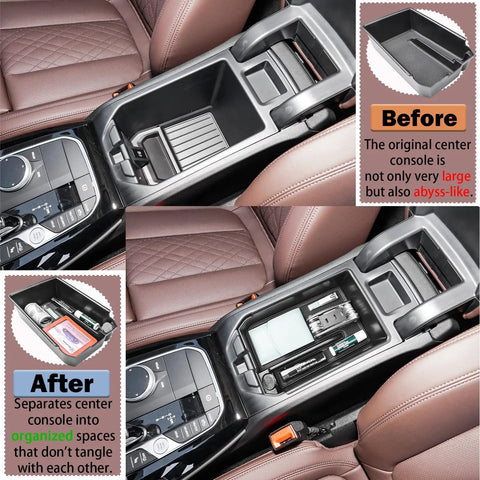 BMW X3 G01 2018-2024 and BMW X4 G02 2019-2025 center console organizer tray in black plastic for neat storage of small items