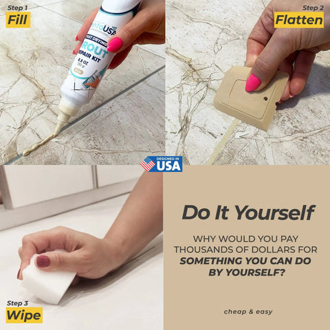 Warm Beige Tile Grout Repair Kit With Premixed Sanded Grout For Bathrooms Showers And Kitchens Water Resistant Filler Tube With Applicator Easy DIY Restore 8.8 Oz 250 G in use steps Fill, Flatten, and Wipe.