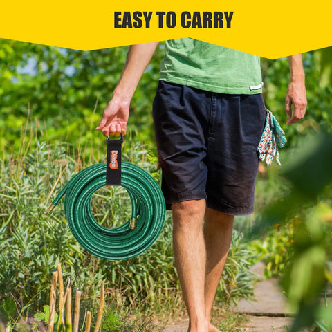 Person carrying green hose with Extension Cord Organizer 16 Inch Holder Storage Straps 10 Pack for Garage and Shed Cable Management