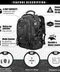 Features of Heavy Duty Tactical Backpack For Men Waterproof Military Style Daypack With MOLLE System, 3 Day Pack, Black